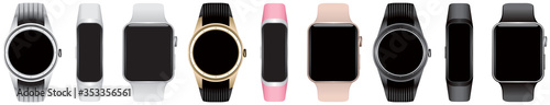 Smart watch with empty screen, same types of the smartwatch or smart belt in different color and form factor isolated with blank black screens realistic vector illustration for the design or mockup 