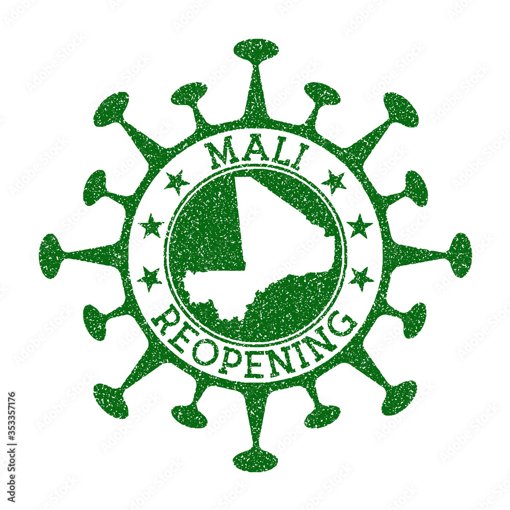 Mali Reopening Stamp. Green round badge of country with map of Mali. Country opening after lockdown. Vector illustration.
