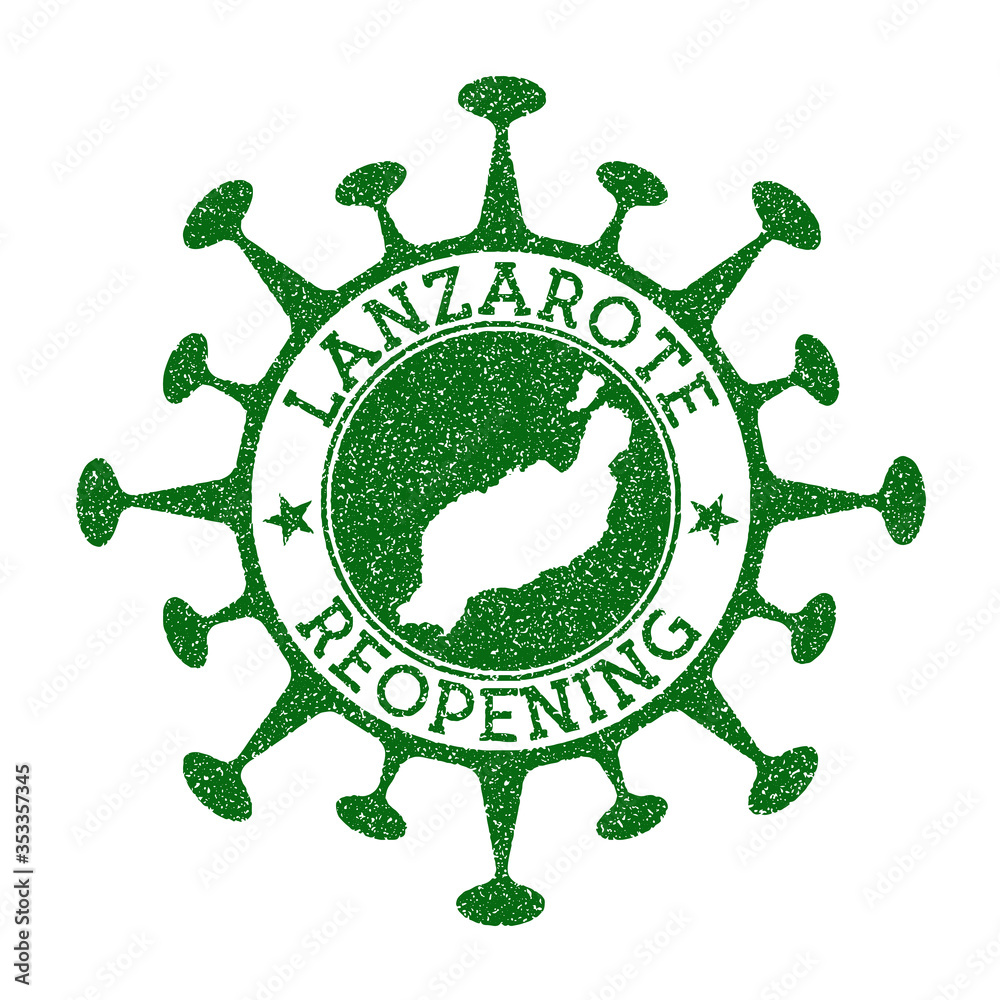 Lanzarote Reopening Stamp. Green round badge of island with map of Lanzarote. Island opening after lockdown. Vector illustration.