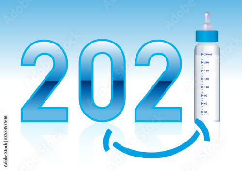 Concept de faire-part de couleur bleu reprenant le symbole du biberon, pour annoncer la naissance d’un bébé de sexe masculin pour 2021.