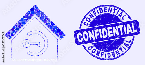 Geometric home keyhole mosaic pictogram and Confidential seal stamp. Blue vector round distress stamp with Confidential title. Abstract collage of home keyhole combined of round, tringle,