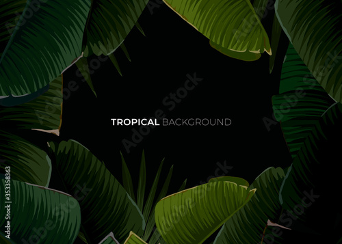 Dark tropical summer design with banana palm leaves, glowing frame and space for text. Vector flyer, banner or card template. Summer vector background.