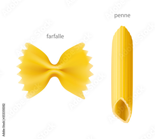 Hight realistic farfalle and penne pasta. Vector illustration isolated on white background. Can be use for template your design, promo, adv. EPS10.