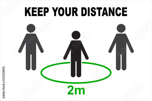 Simple people in a circle with two meters of social distance. Coronavirus epidemic protective concept. Keep your distance text above. Copy space for design or text. Flat vector illustration