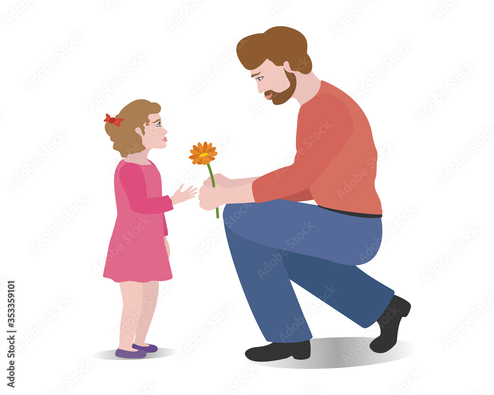 Father and little daughter with a flower isolated on white background. Happy father's day Father and little daughter with a flower isolated on white background. Happy father's day