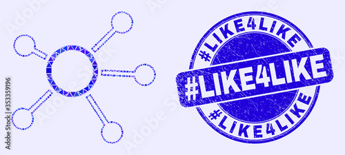 Geometric links mosaic pictogram and #Like4Like seal. Blue vector rounded scratched seal with #Like4Like title. Abstract mosaic of links created of spheric, triangles, square geometric items.
