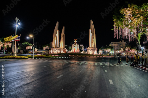 Democracy Monument by night without people and traffic, Bangkok, Thailand