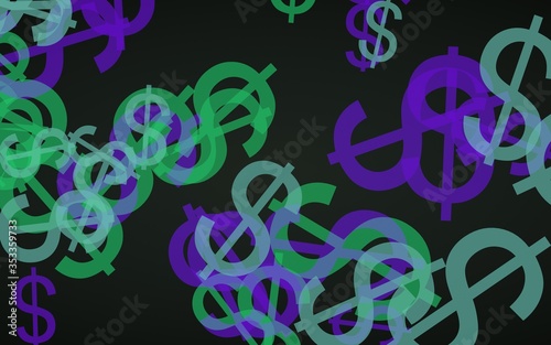 Multicolored translucent dollar signs on dark background. Green tones. 3D illustration