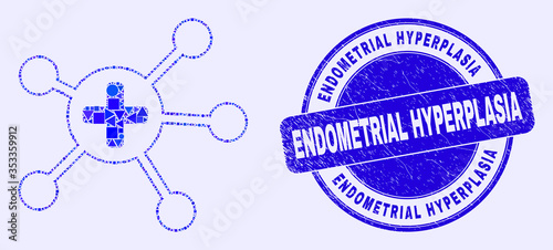 Geometric medical links mosaic pictogram and Endometrial Hyperplasia seal stamp. Blue vector round textured seal stamp with Endometrial Hyperplasia caption.