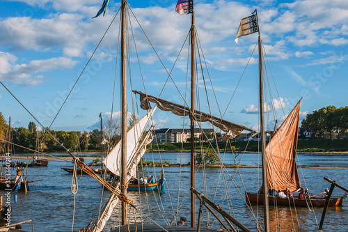ORLEANS, FRANCE- SEPTEMBER 23 2015: Loire festival, wooden vintage river ships with sails