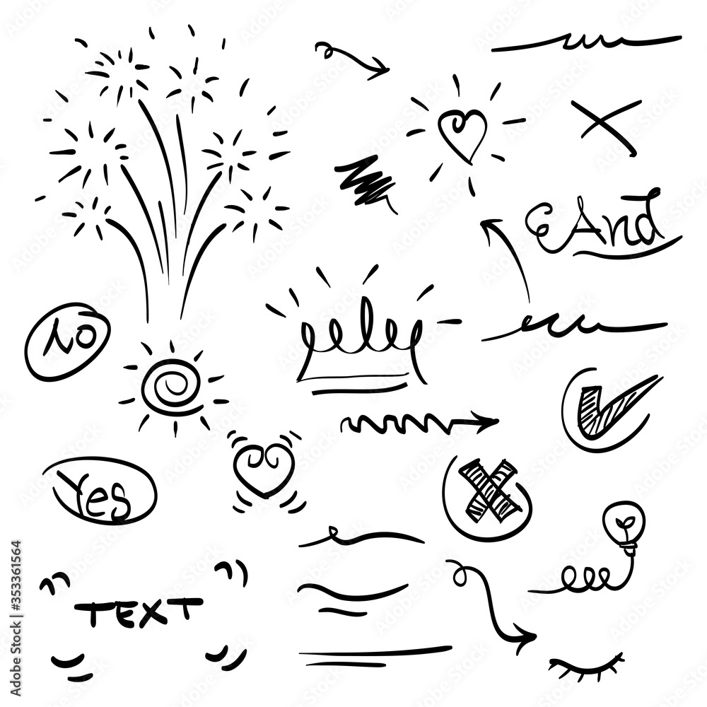 Vector hand drawn. doodles collection of curly arrow. swishes, swoops, swirl, heart, love, crown, firework, highlight text and emphasis element, use for concept design