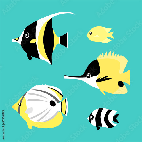 Tropical fish icon set on turquoise background, animals of coral reef 