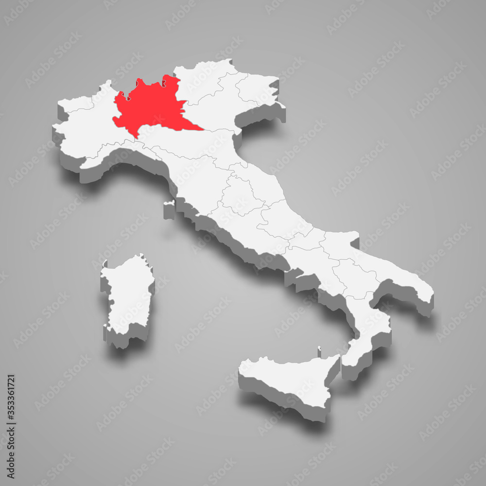 lombardy region location within Italy 3d map Template for your design