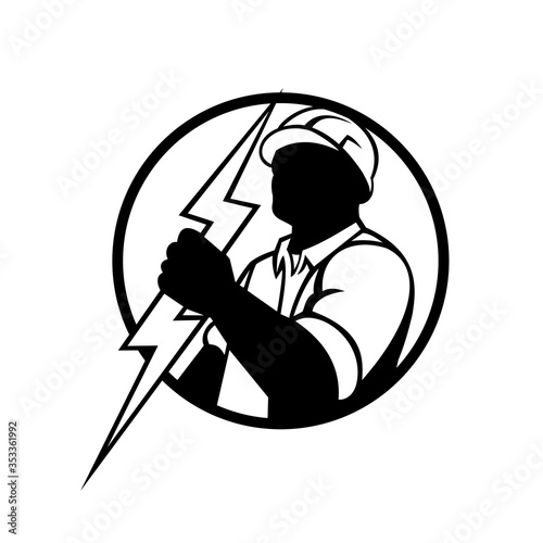 Electrician Holding Lightning Bolt Mascot Circle Black and White