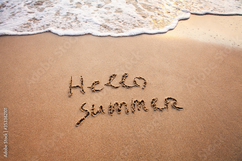 hello summer, text on sand beach