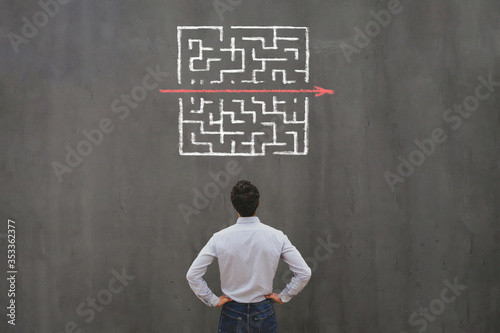 simple easy fast solution concept, problem solving, business man thinking about exit from complex labyrinth maze photo