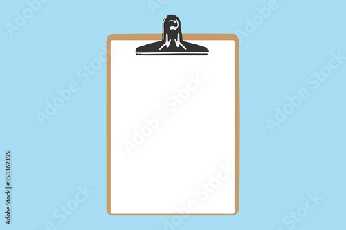 Clipboard with wooden plank, page of paper and metal clamp