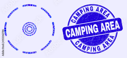 Geometric round perimeter mosaic icon and Camping Area seal stamp. Blue vector rounded grunge seal stamp with Camping Area caption. Abstract composition of round perimeter created of round, tringle,