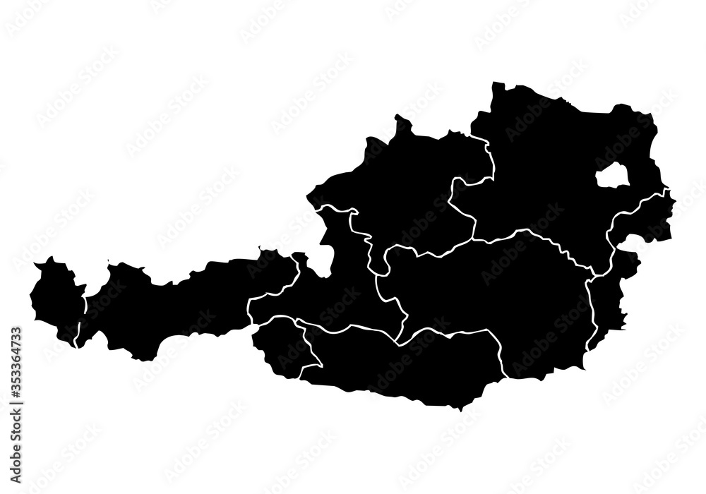 Mapa negro de Austria en fondo blanco.