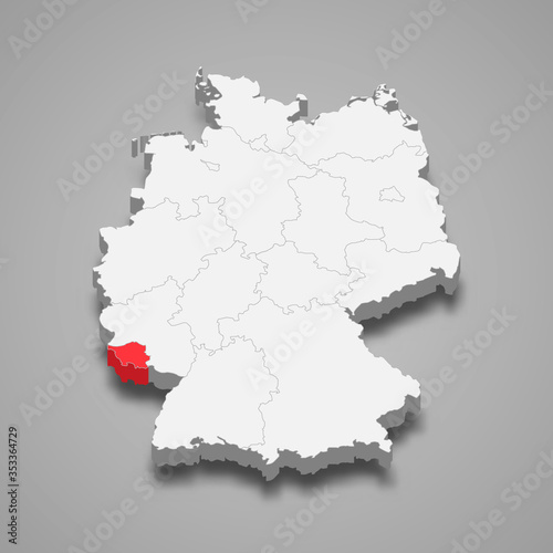Saarland state location within Germany 3d map Template for your design