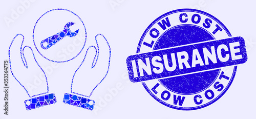 Geometric wrench repair hands mosaic pictogram and Low Cost Insurance watermark. Blue vector round scratched watermark with Low Cost Insurance caption.