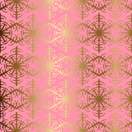 Golden snowflakes seamless vector pattern.