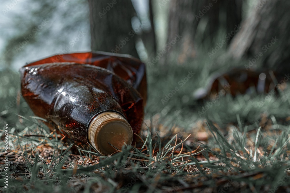 Obraz premium Environmental concept. Forest with trash, plastic rubbish. garbage waste in environment woodland. Ecological problem with Empty used dirty plastic bottles.