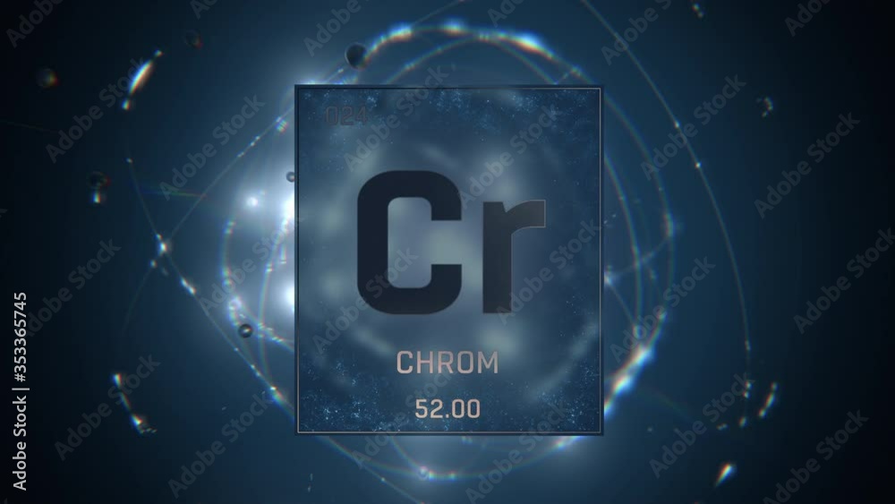 Chromium as Element 24 of the Periodic Table. Seamlessly looping 3D animation on blue illuminated atom design background orbiting electrons name, atomic weight element number in German language Chromium as Element 24 of the Periodic Table. Seamlessly looping 3D animation on blue illuminated atom design background orbiting electrons name, atomic weight element number in German language