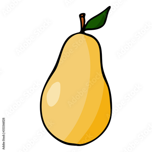 Pear with stem and leaf. Hand drawn outline doodle icon. Colorful isolated on white background. Vector illustration for greeting cards, posters, patches, prints for clothes, emblems.