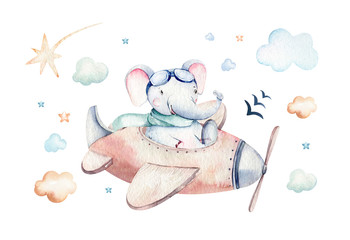 Rollo Babyzimmer Aquarell Flugzeuge und Ballons am Himmel  © kris_art