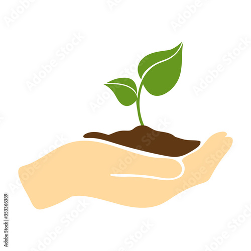 Plant in hand. Ecological colorful icon