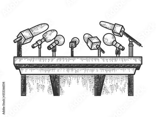 stand with microphones sketch engraving vector illustration. T-shirt apparel print design. Scratch board imitation. Black and white hand drawn image.
