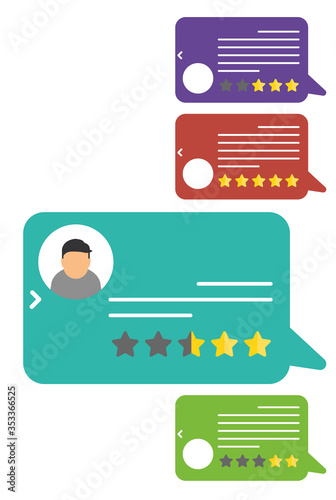 Customer reviews. View speech bubble ratings. User reviews flat style. Reviews stars with good and bad rate and text, concept of testimonials messages, notifications, feedback