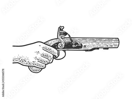 flintlock muff pistol in hand sketch engraving vector illustration. T-shirt apparel print design. Scratch board imitation. Black and white hand drawn image.