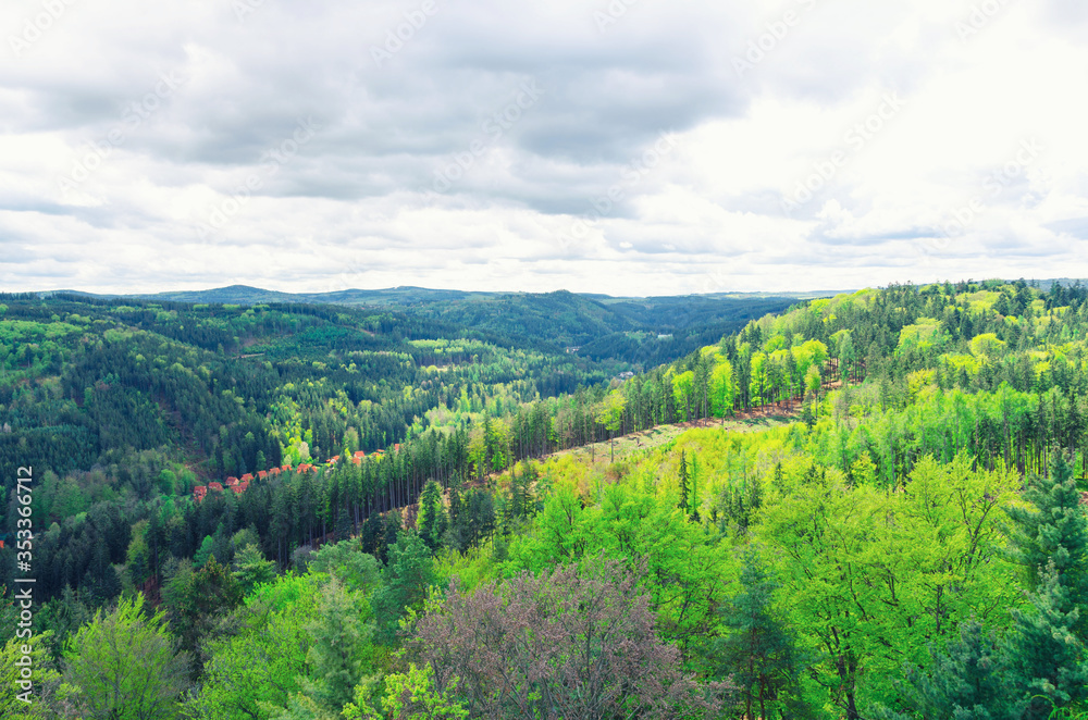 Slavkov Forest aerial panoramic view with hills and green trees near Carlsbad town, Karlovy Vary district, West Bohemia, Czech Republic