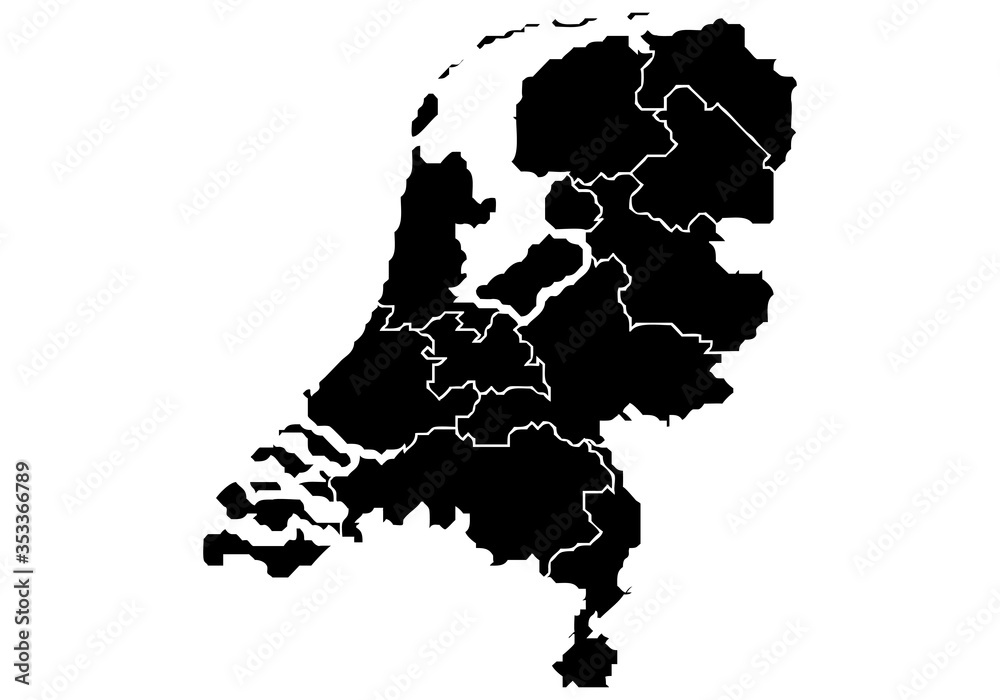 Fototapeta Mapa negro de los Países Bajos en fondo blanco.