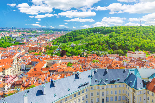 Photography Top aerial panoramic view of Prague historical city centre with red tiled roof b