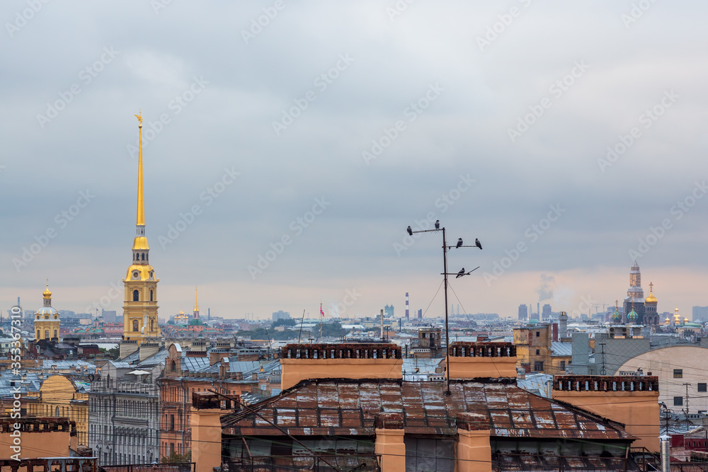 Obraz premium Top view of the historic city center of St. Petersburg. Crows are sitting on a television antenna. The roofs of buildings and the bell tower of the Peter and Paul Cathedral. Saint-Petersburg, Russia.
