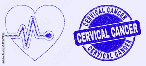 Geometric heart pulse mosaic icon and Cervical Cancer seal stamp. Blue vector round grunge seal stamp with Cervical Cancer text. Abstract concept of heart pulse done of round, tringle,