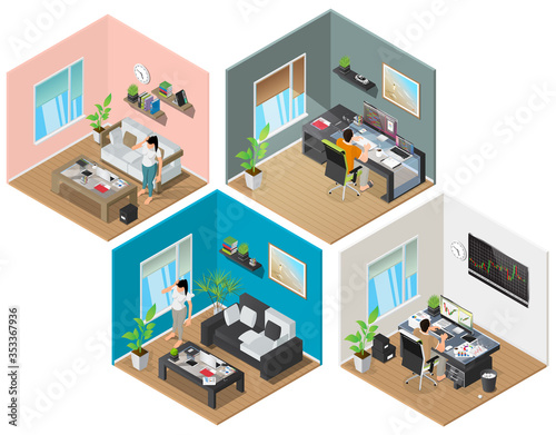 Persons working at home in different fields: financial and stock trader, programmer, SMM, etc . Person isolated at home office. Remote work of isometric illustration.