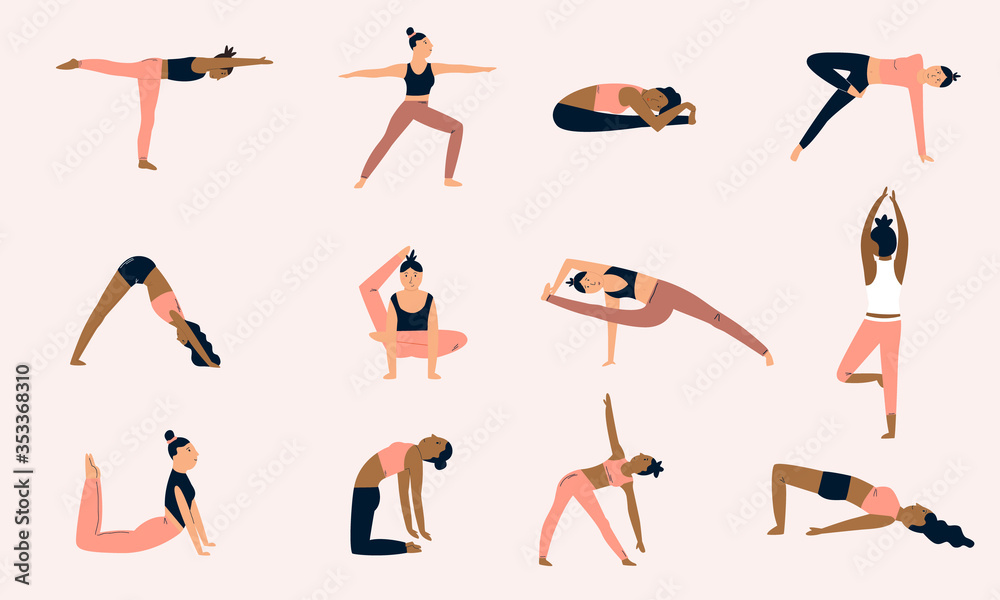 Group of girls doing yoga. Characters in different asanas Group of girls doing yoga. Characters in different asanas