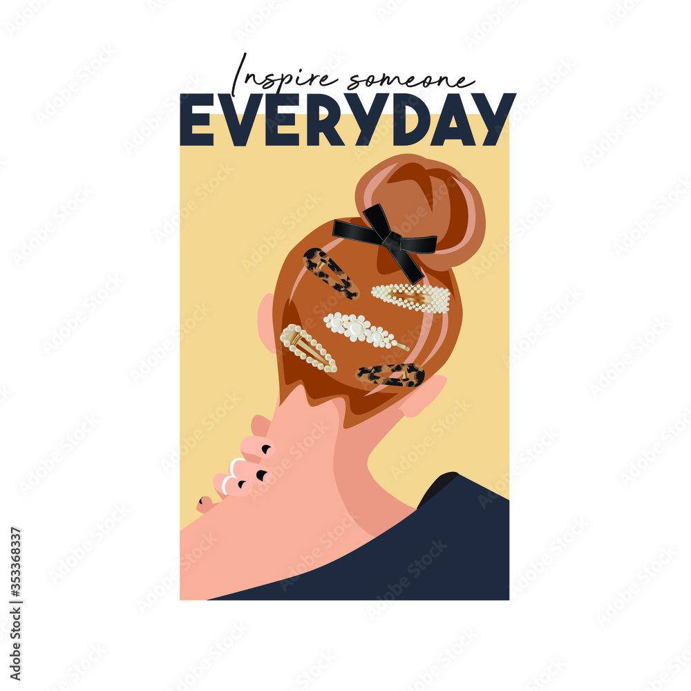 Obraz premium Illustration of a girl head with hairstyle decorated with clips and bow. For prints and t-shirt design.
