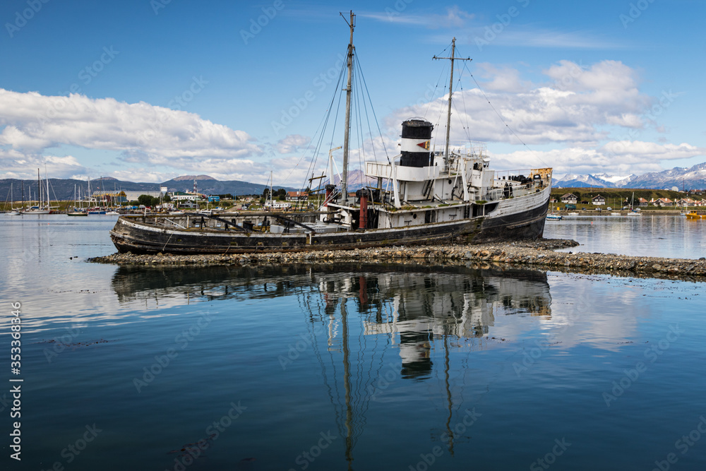 Fototapeta premium Barco Saint Christofer wreck in Ushuaia harbour, Argentina