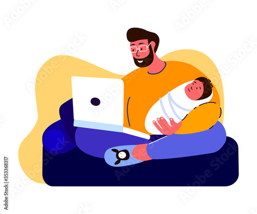 Fotografie Young Businessman Father Freelancer Working Remotely on Quarantine at Home