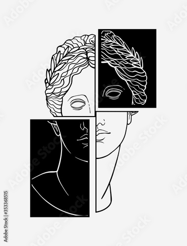 female head of a Greek statue on a geometric background, black and white hand-drawn tattoo, goddess Venus