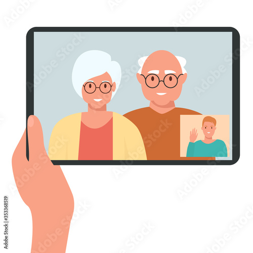 Video chatting with grandparents during quarantine. Family chat using gadget. Senior care. Parents and children online via video chat at home.