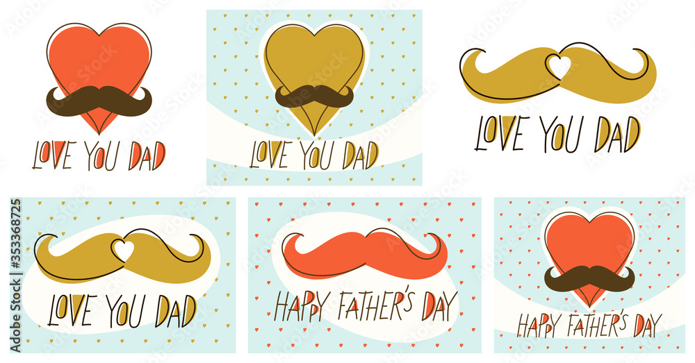 Heart with mustaches father funny symbol vector icon, father day concept greeting cards set trendy minimal style, I love you Dad.