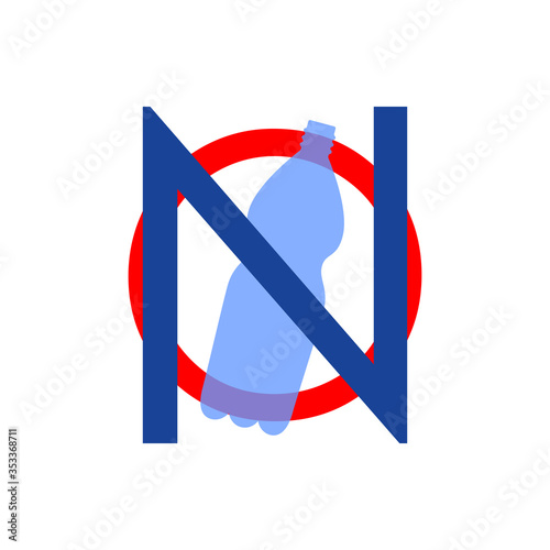 Say no to plastic bottle. Problem plastic pollution. Ecological poster. Banner composed of red blue text No sign stop and plastic bottle on white background. Flat design.