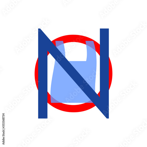 Say no to plastic bag. Problem plastic pollution. Ecological poster. Banner composed of red blue text No sign stop and plastic bag on white background. Flat design.