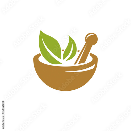 Vector illustration of mortar and pestle isolated on white. Alternative medicine concept, phytotherapy symbol.